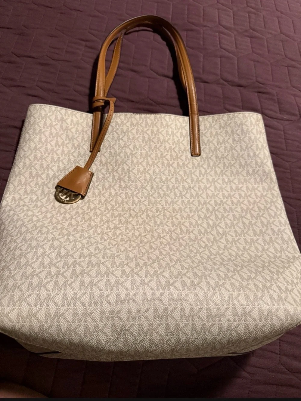 Michael Kors Cream Tote with Tan Leather Handles and Logo Charm